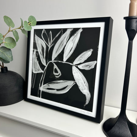 Quirky leaves monochrome framed art by Jennifer Goldberger