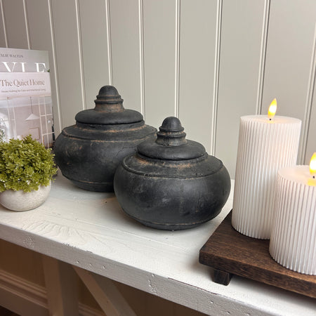 Black charcoal rustic urn pot lid lidded jar 2 sizes