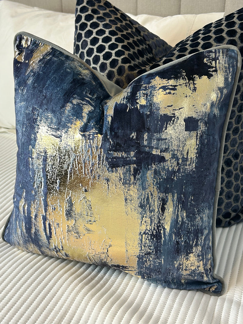 Idyllic abstract navy blue and gold grey luxury cushion