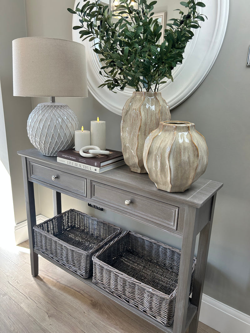 Washed wood 2 drawer console table with shelf