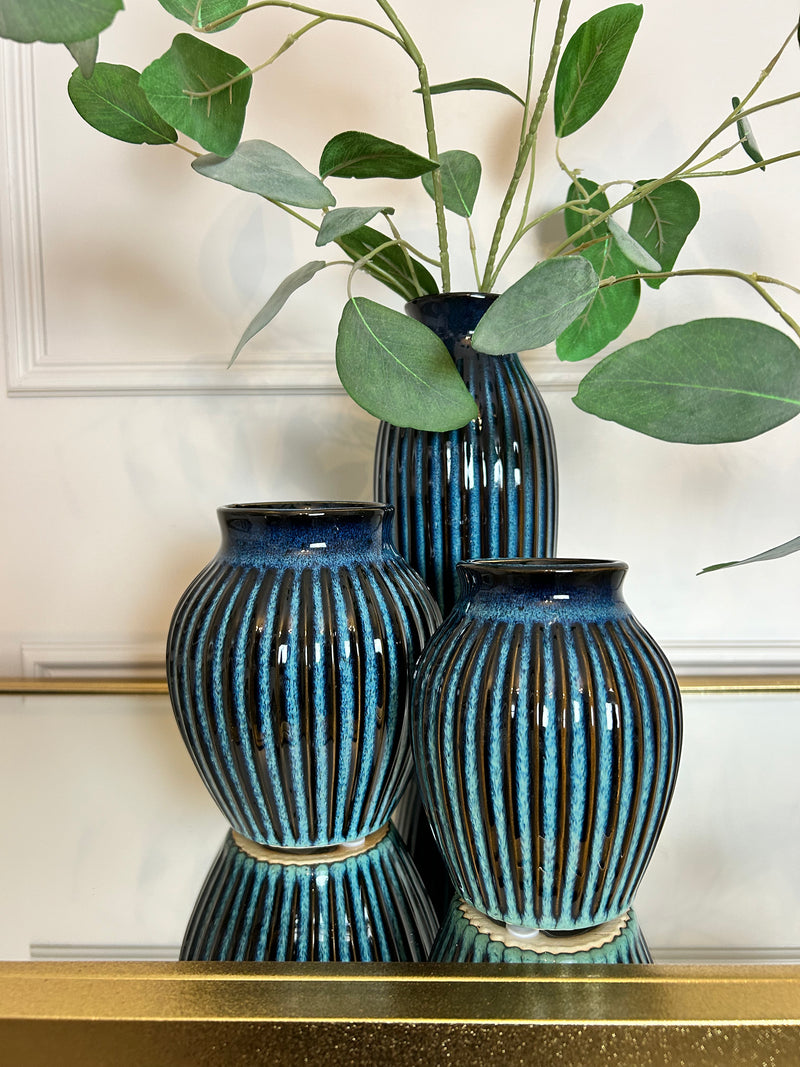 Navy Blue ribbed reactive bulbous vase 13cm & 16cm
