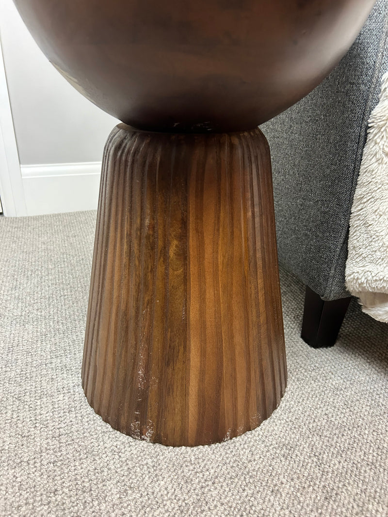 Dark wood round slatted table with solid marble top