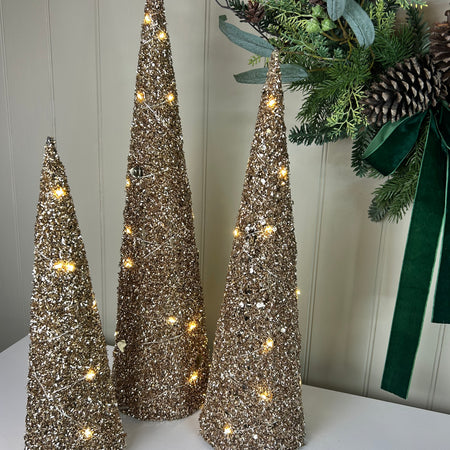 Set of 3 gold LED lit glitter trees