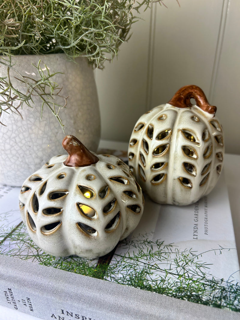 Neutral Two Tone LED Light up Ceramic Pumpkins, 2 Sizes