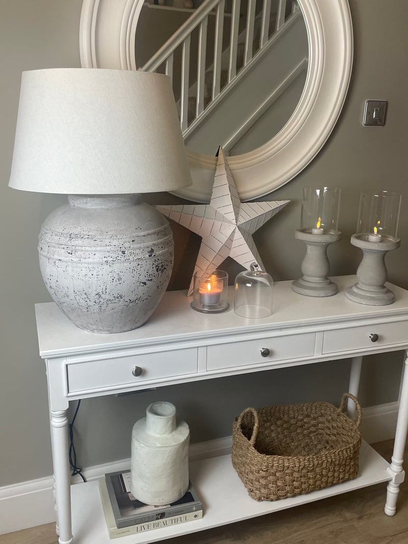 Large Distressed stone Terracotta Table Lamp with natural Linen Shade