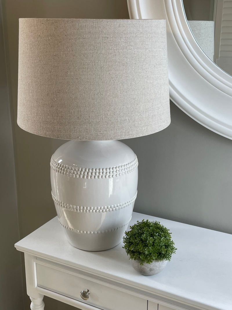 Off White beaded bobble ceramic lamp with linen shade