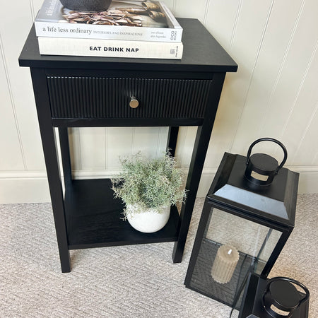 Black lindon ribbed bedside side table with shelf