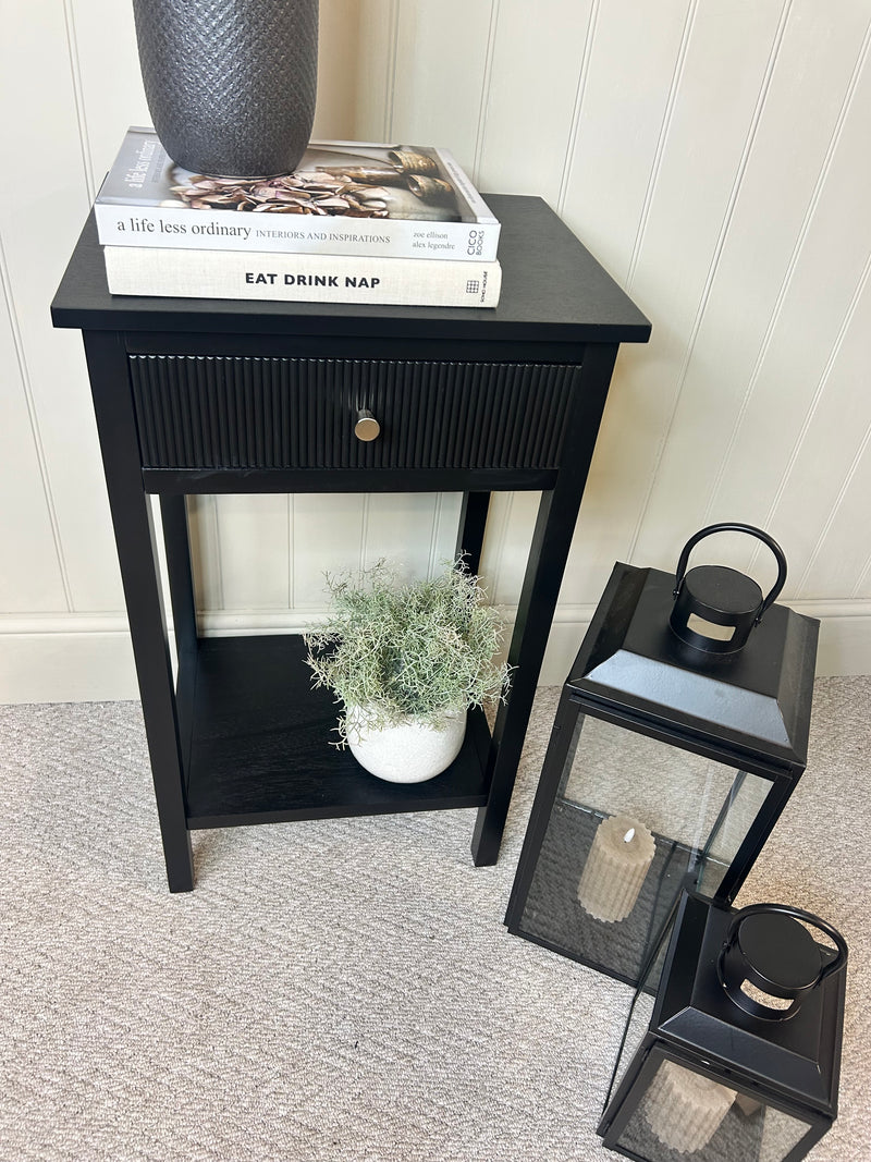 Black lindon ribbed bedside side table with shelf