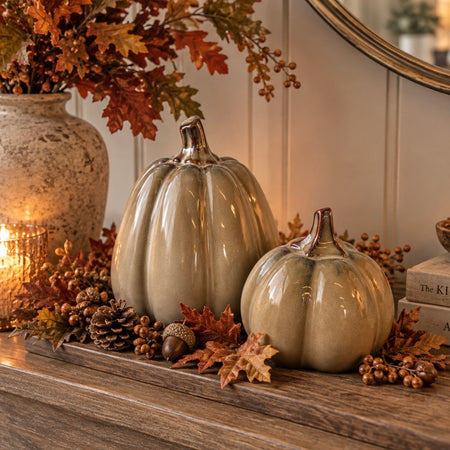 Taupe Khaki Ceramic autumn Pumpkins, 2 sizes reactive glaze