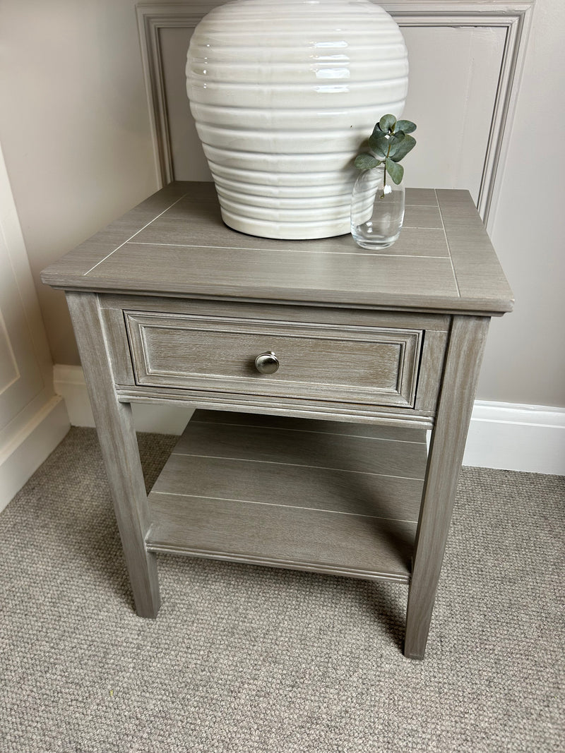 Serene washed wood one drawer side table bedside