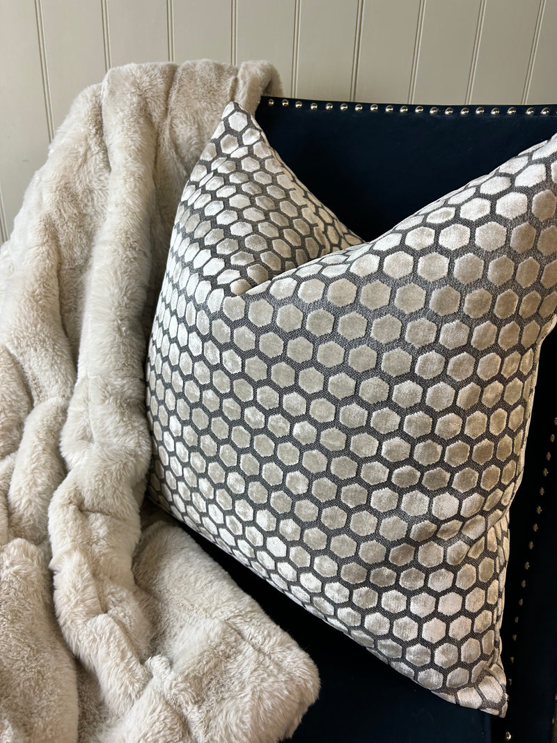 Cream and grey Jorvik hexagon cut velvet luxury cushion two sizes