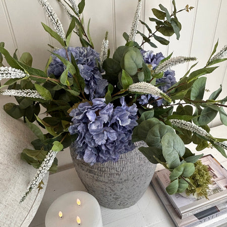 Eucalyptus blue/purple hydrangeas and Veronica bouquet arrangement