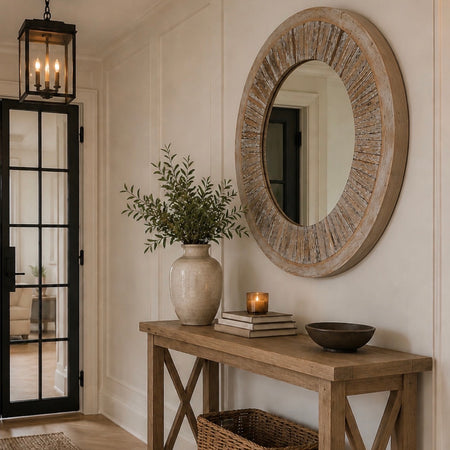 Washed wood rustic round mirror 80cm