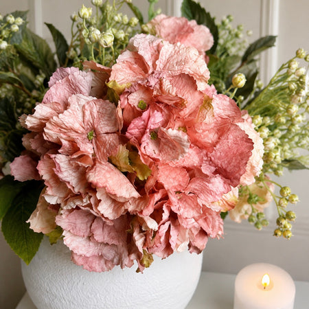 Dusty pink ruffled real feel hydrangea stem 52cm