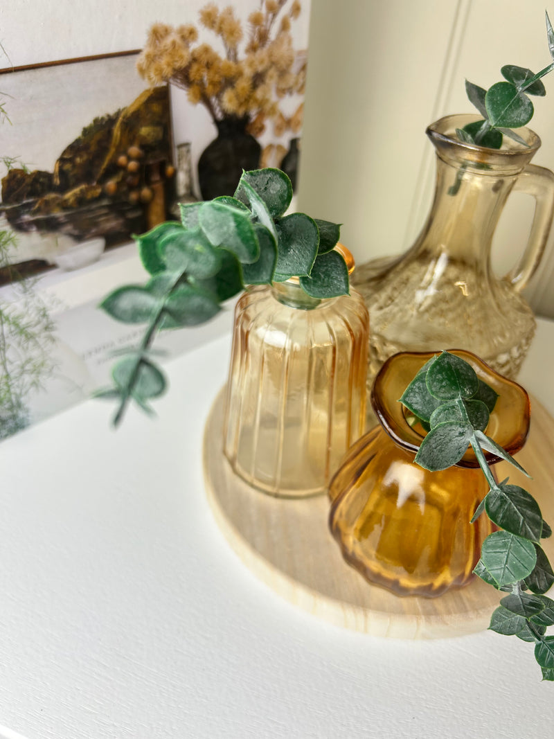 4 Piece Set Glass vase Bottles on Wooden Round Tray amber brown wood