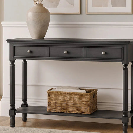 Grey silver slim console table with shelf