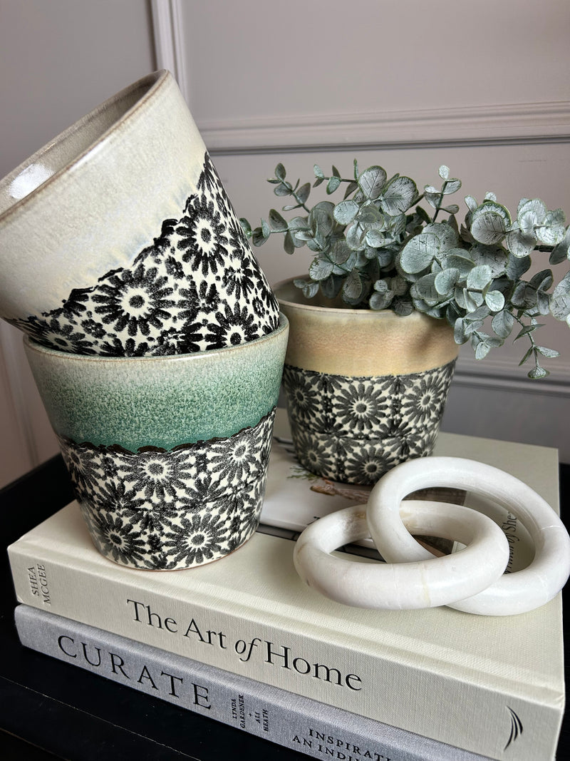 Circles Floral Pattern Terracotta Plant Pots 3 colours styles