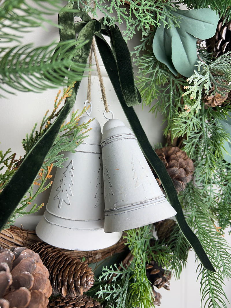 White metal hanging bell tree embossed 2 sizes