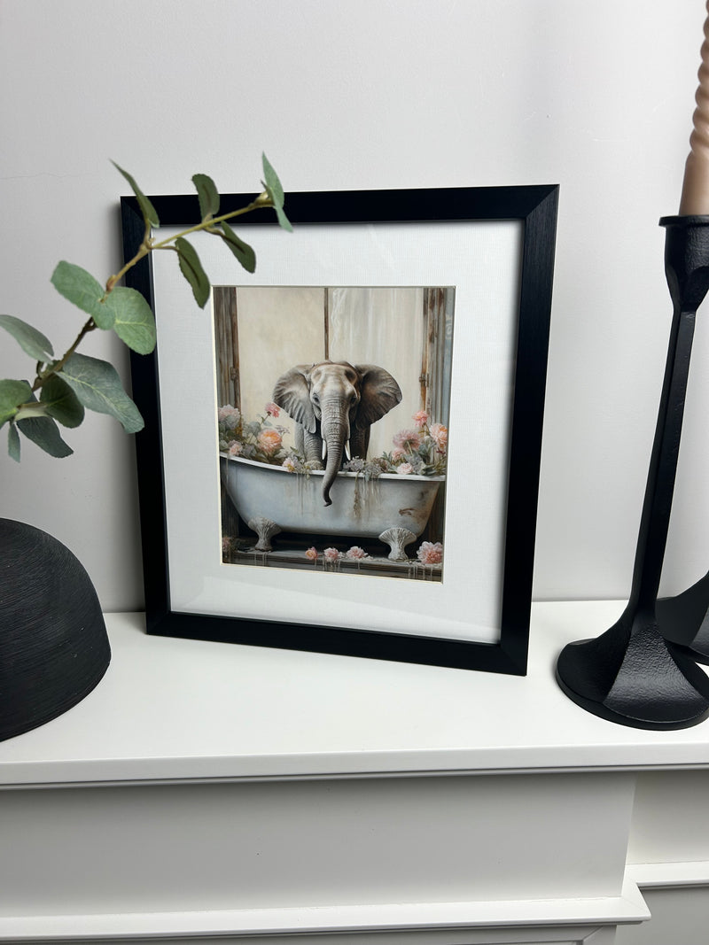 Bathroom joy elephant framed print 30x34cm