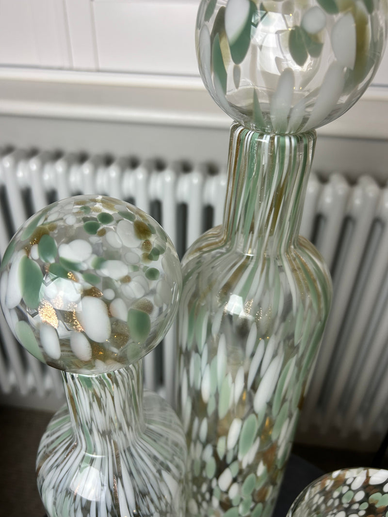 Green white gold pistachio speckled mottled glass lidded bottle jars 2 sizes