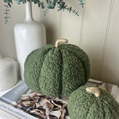Set of two Boucle green autumn Halloween pumpkins 16cm and 11cm