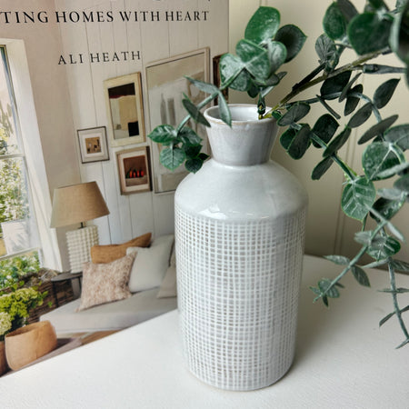 Off white grid reactive glaze bottle neck vase 17cm
