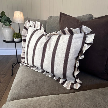 Brown cream stripe frill trim oblong cushion 35x50