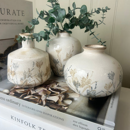 Set of 3 floral rustic bud crackle glaze vases