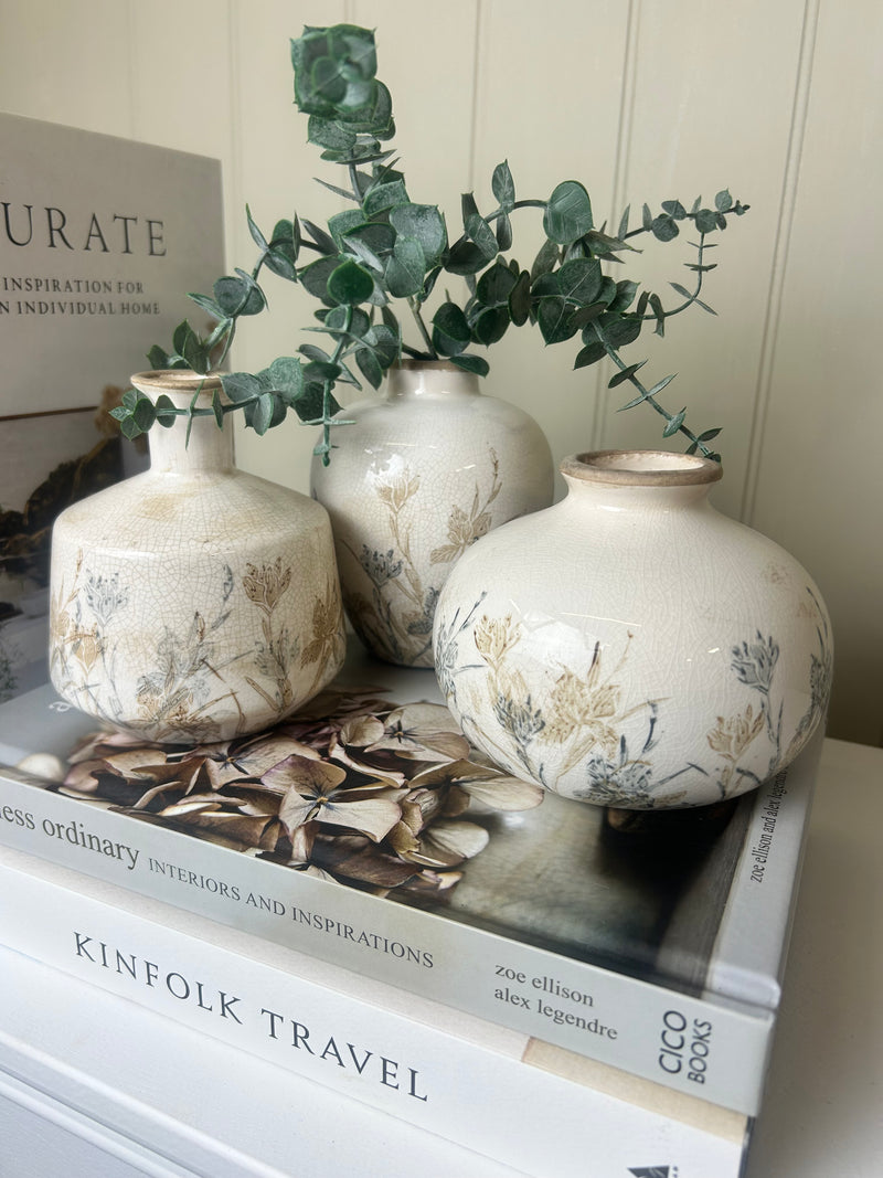 Set of 3 floral rustic bud crackle glaze vases