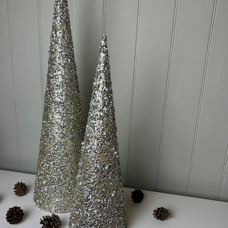 Set of two tall sequin gold cone trees
