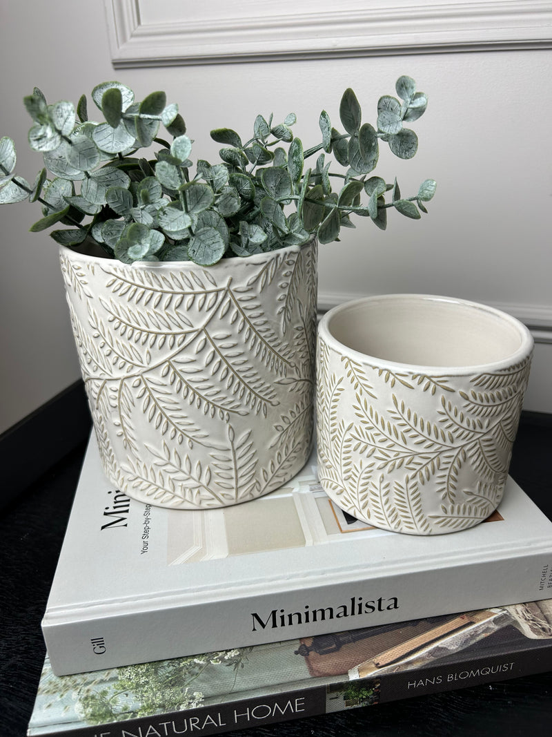 Cream beige Embossed Leaf print Plant Pots 2 sizes