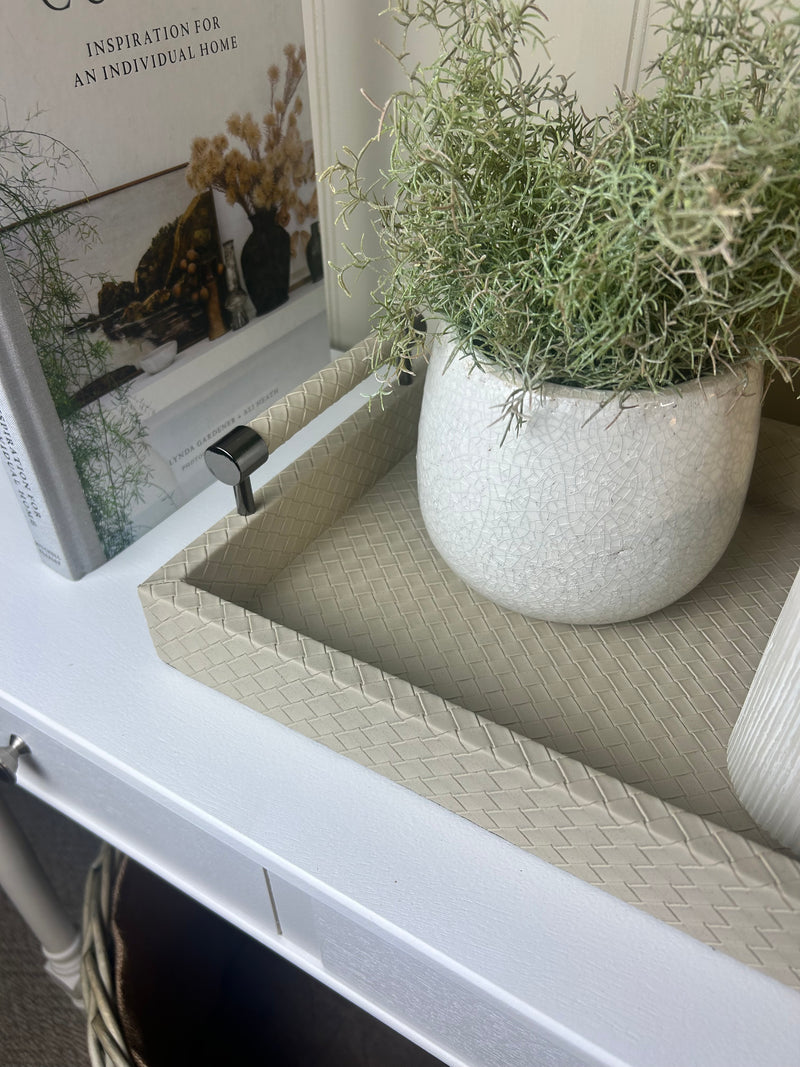 Cream leather look woven tray with gunmetal handles