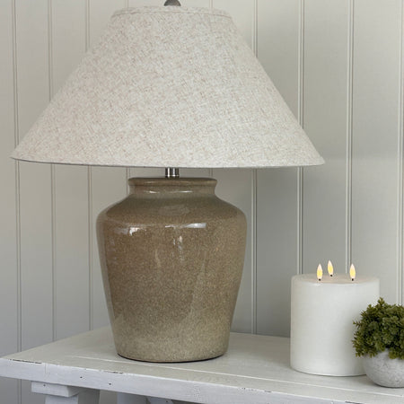 Green taupe mottled ceramic chunky lamp with shade