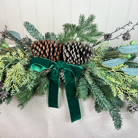 Pine mixed Foliage Bow Swag with green ribbon