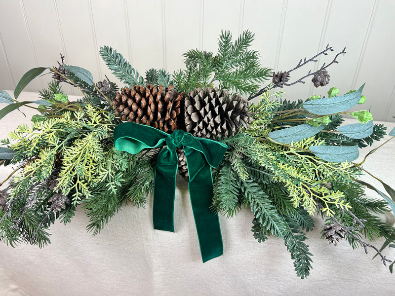 Pine mixed Foliage Bow Swag with green ribbon