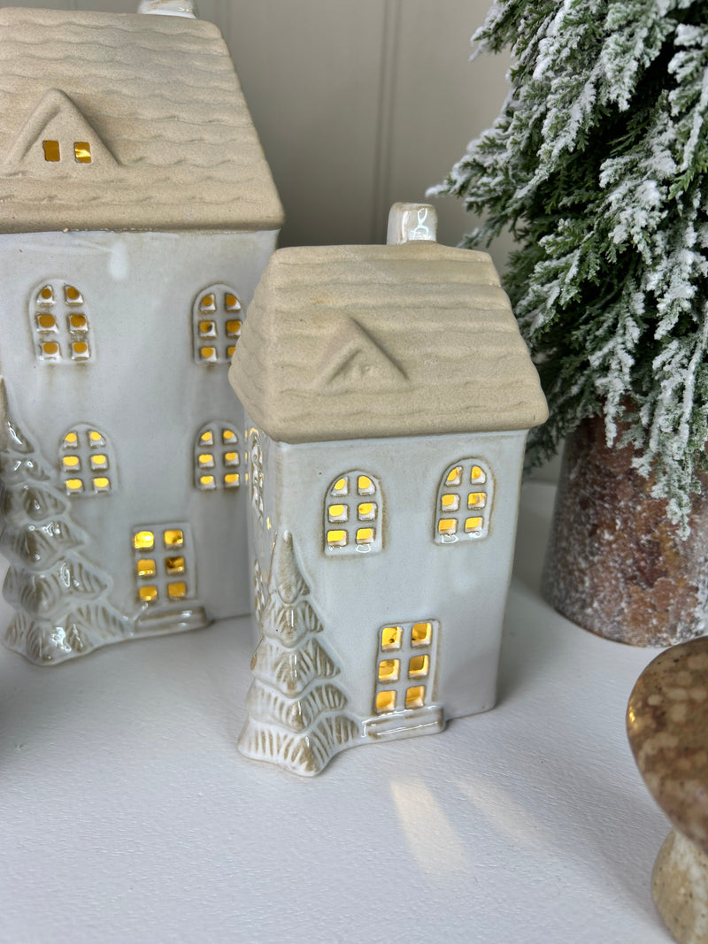 LED lit ceramic house with tree detail 2 sizes