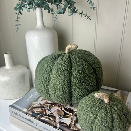 Set of two Boucle green autumn Halloween pumpkins 16cm and 11cm