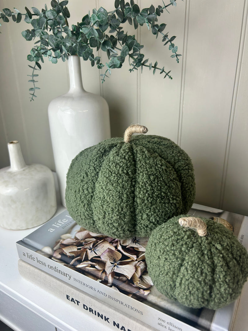 Set of two Boucle green autumn Halloween pumpkins 16cm and 11cm