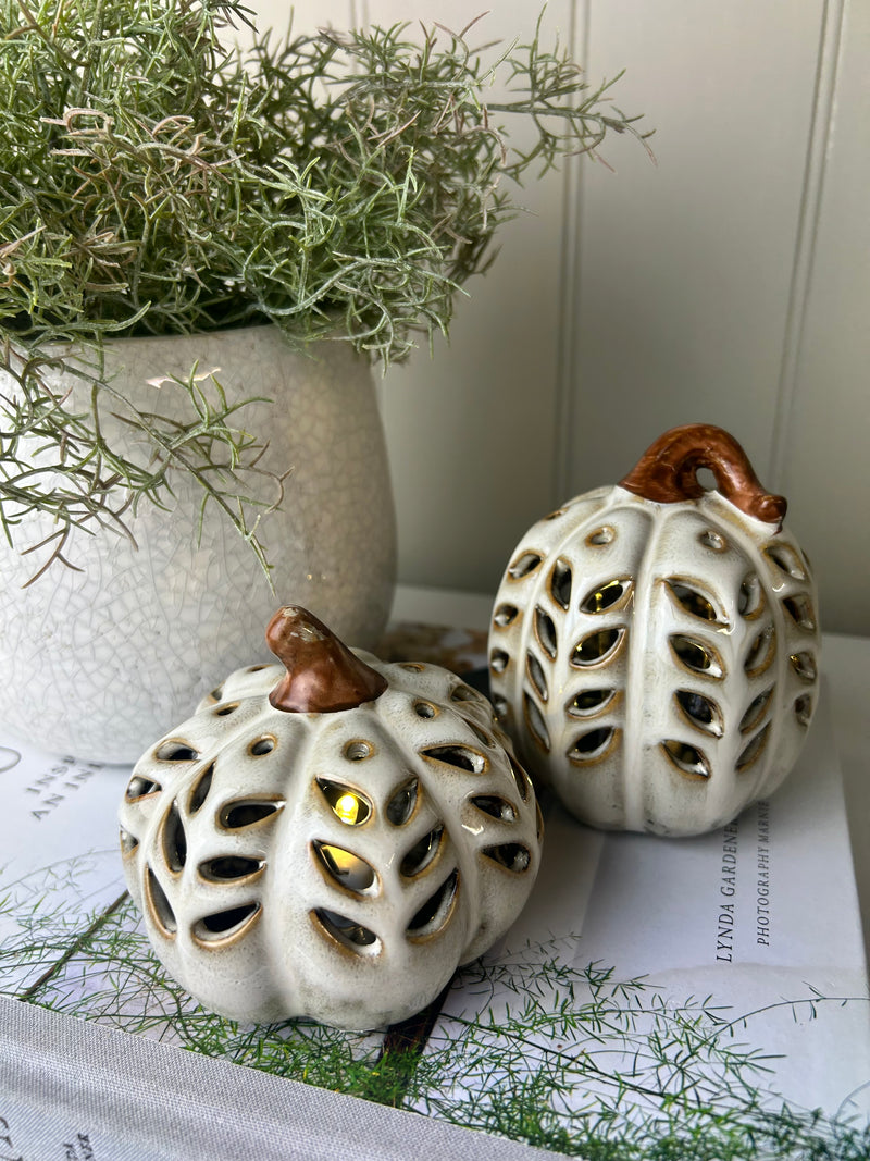 Neutral Two Tone LED Light up Ceramic Pumpkins, 2 Sizes