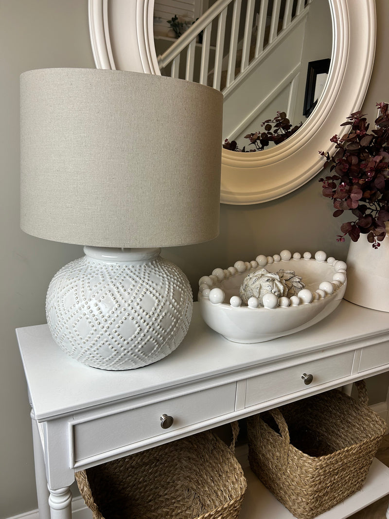 Squat beaded bobble ceramic lamp with shade