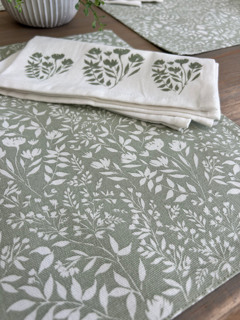 Set of 4 sage green floral cotton placemats and linen cotton napkins