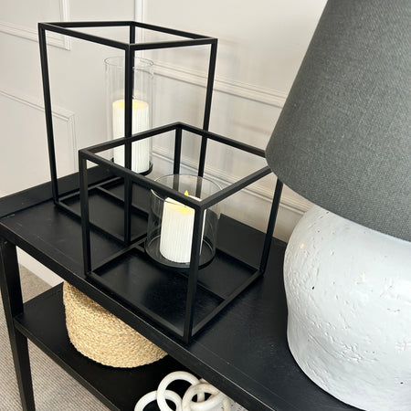 Framed windlight black metal candle holder 2 sizes