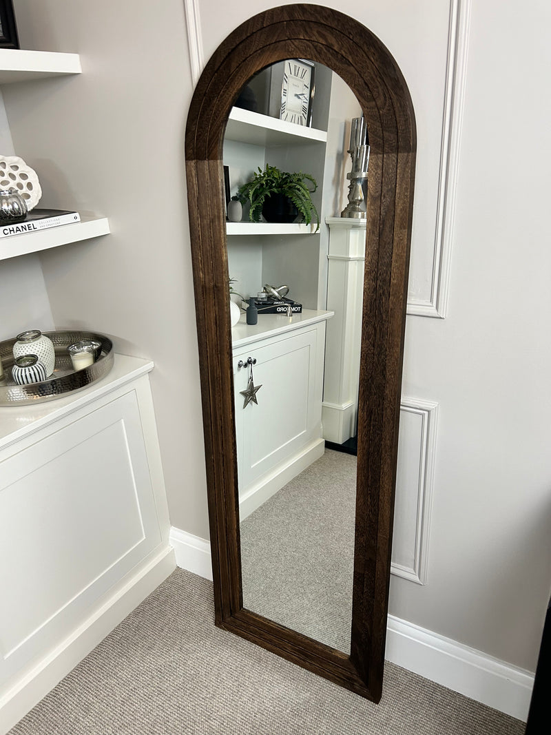 Dark wood stain arched floor length mirror two sizes