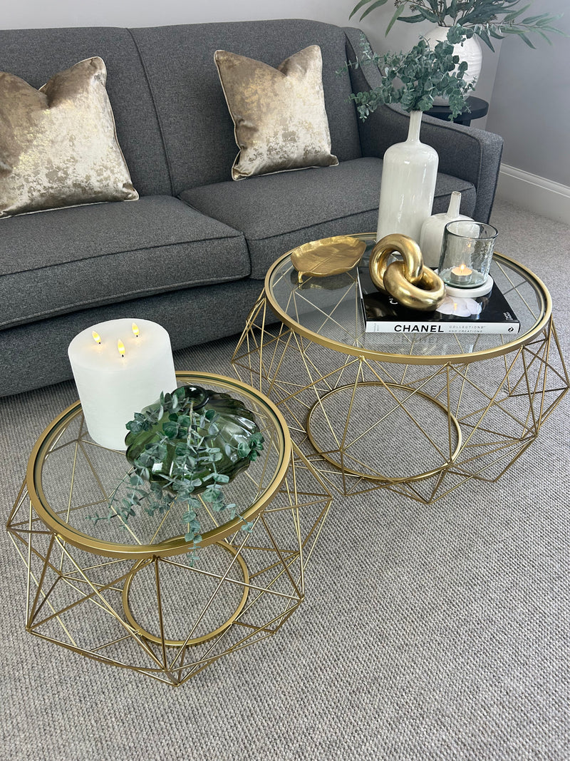 Set of two gold metal glass round coffee tables side table