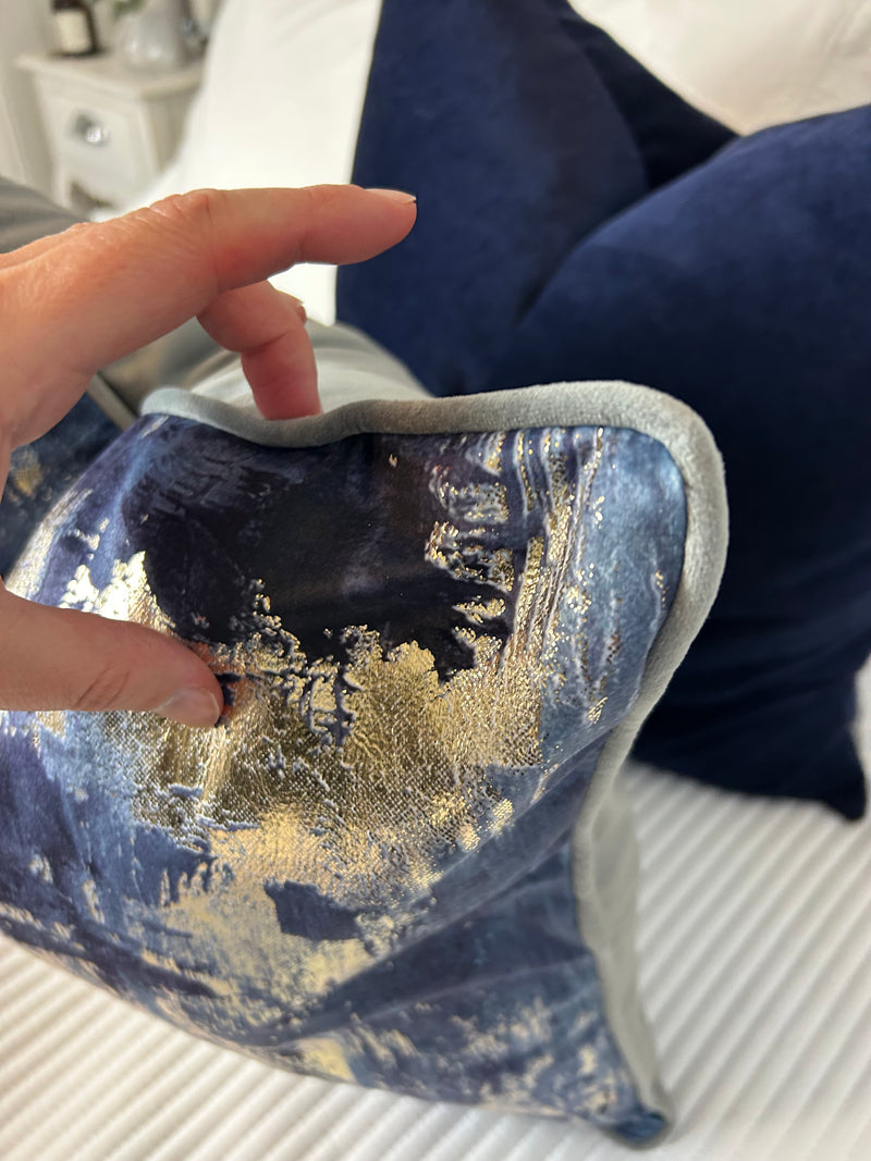 Idyllic abstract navy blue and gold grey luxury cushion