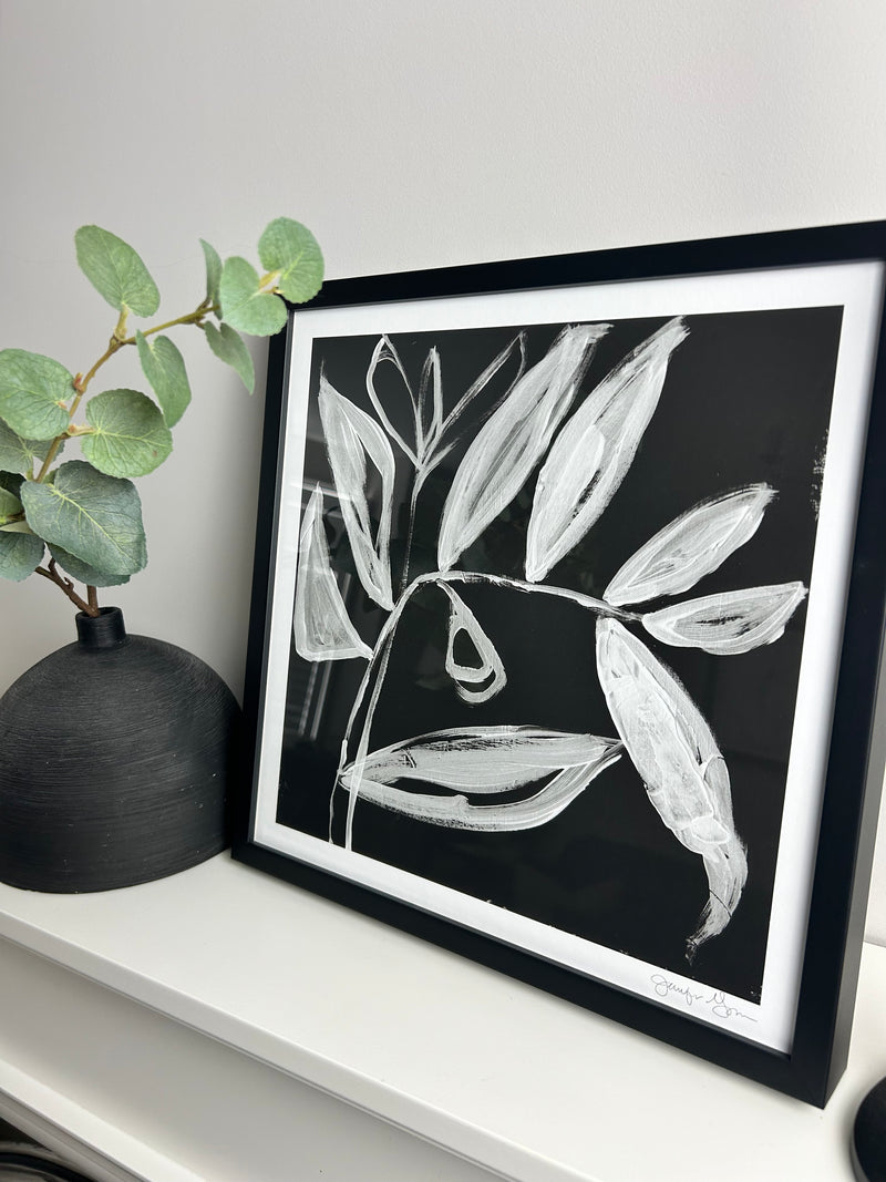Quirky leaves monochrome framed art by Jennifer Goldberger
