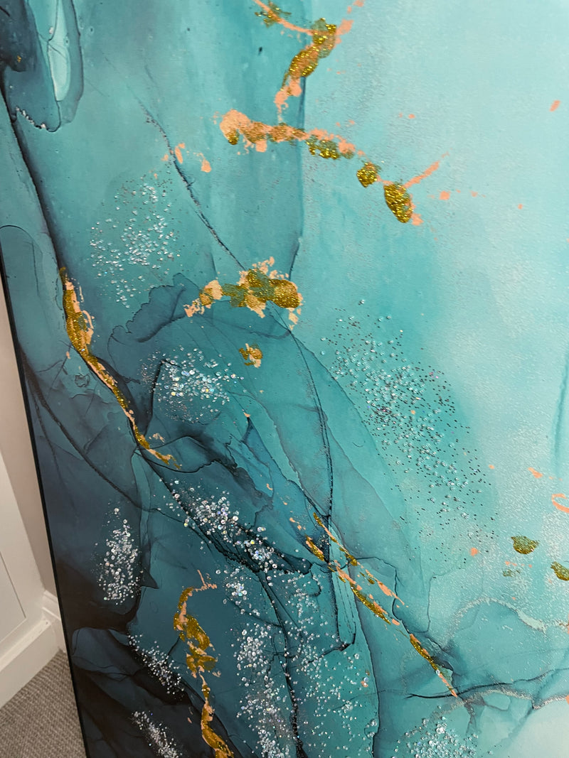 Framed Teal Blue and Gold Abstract Canvas 62cm x 122cm