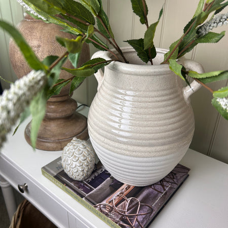Cream white ribbed vase with handles 26cm