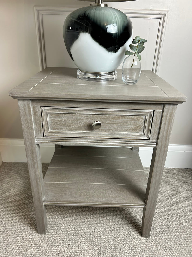 Serene washed wood one drawer side table bedside