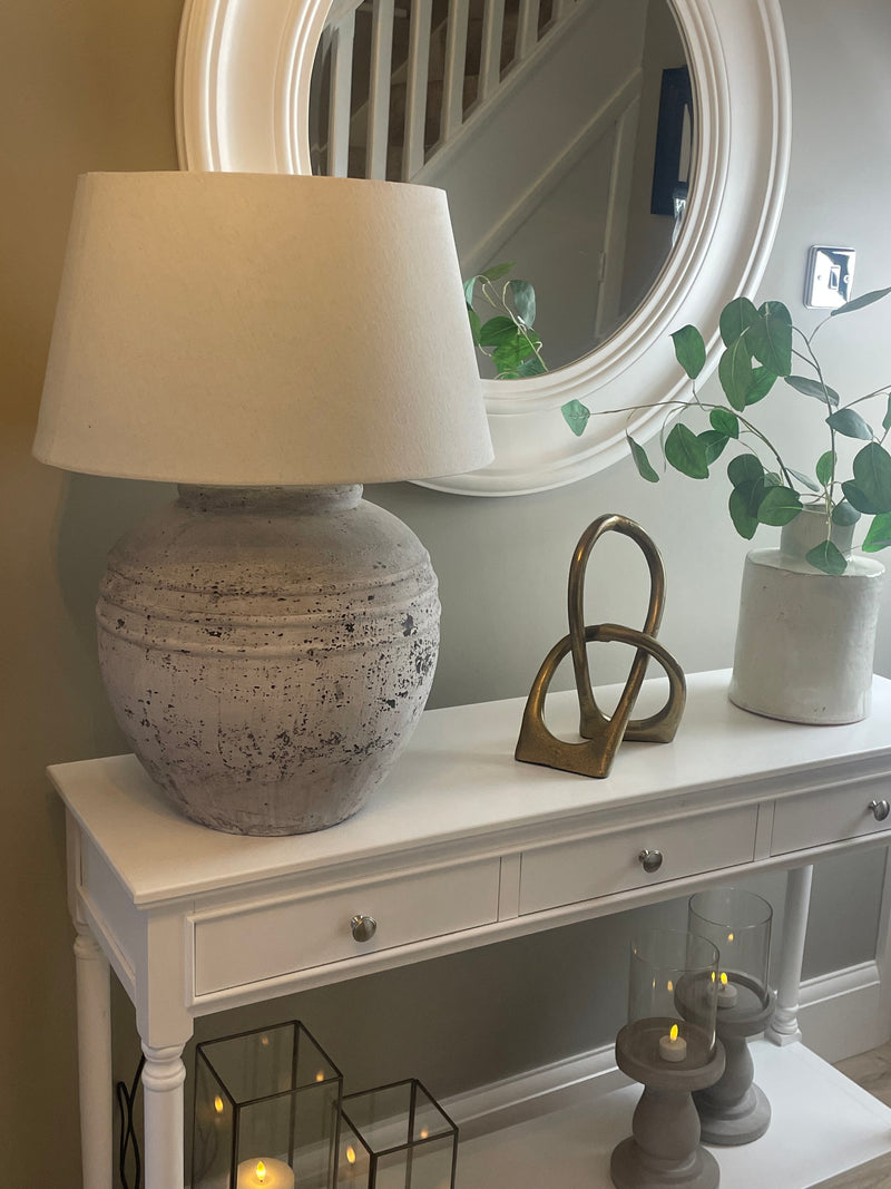 Large Distressed stone Terracotta Table Lamp with natural Linen Shade